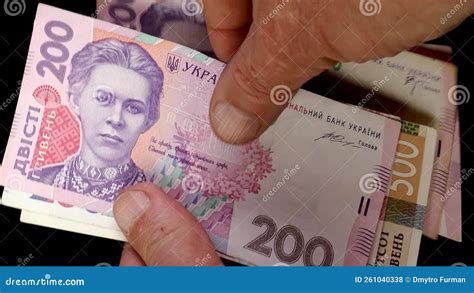 Hands Counting Stack Cash Two Hundred Ukrainian Hryvnia Bills