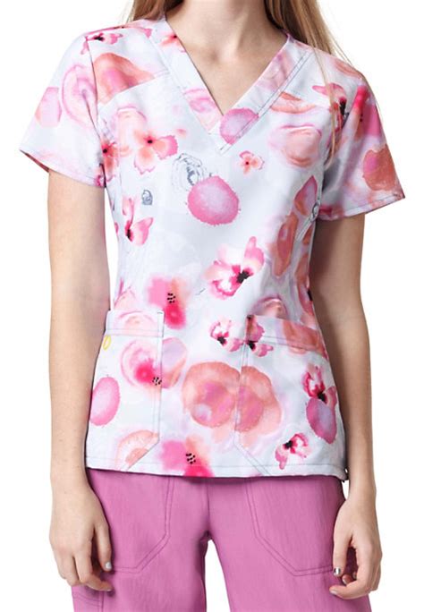 Wonderwink Four Stretch Pink Enough Crossover Print Scrub Tops Scrubs