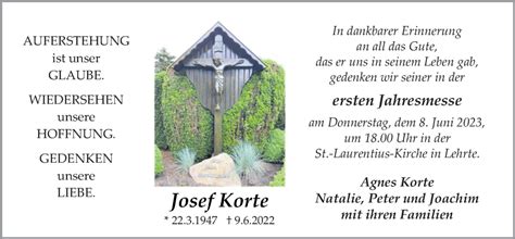 Traueranzeigen Von Josef Korte Noz Trauerportal