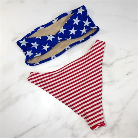 Women S American Flag Bikini High Leg Bandeau Swimsuit Etsy