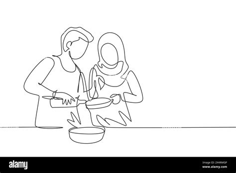 Continuous One Line Drawing Romantic Arab Couple Pour Oil Into Pan