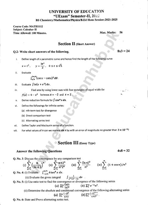 Math1112 Calculus Ii Bs Mathematics Education University Past Paper