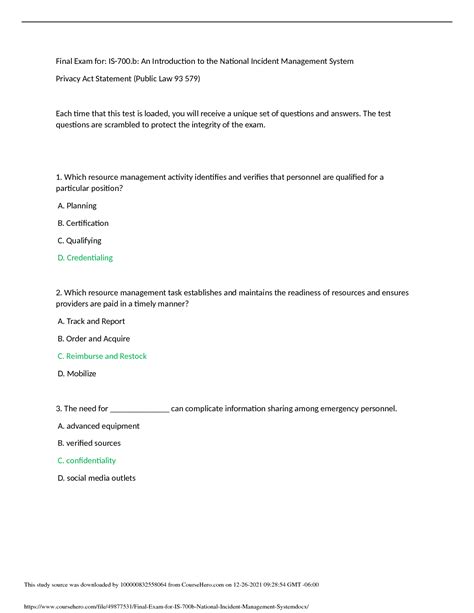 SOLUTION Final Exam For Is 700 B National Incident Management System