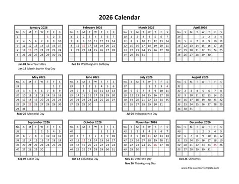 Yearly calendar 2026 printable with federal holidays | Free-calendar ...