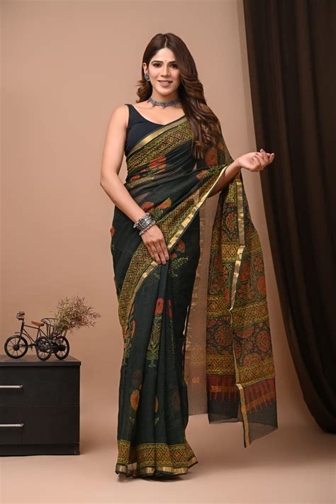 Dark Green Kota Doria Saree Ruhi Hand Block Printer