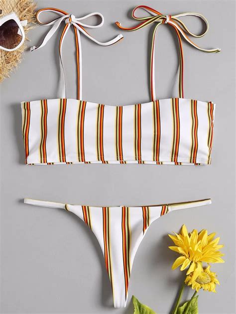 2018 New Striped Bandeau G String Bikini Tie Strap Swimsuit Women Backless Bikinis Swim Suit