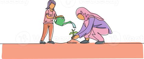 One Single Line Drawing Of Young Islamic Daughter Help Her Mom Watering