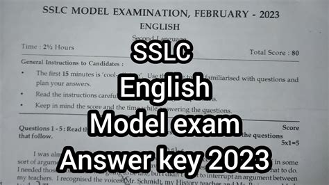 Sslc English Model Exam Answer Key Youtube