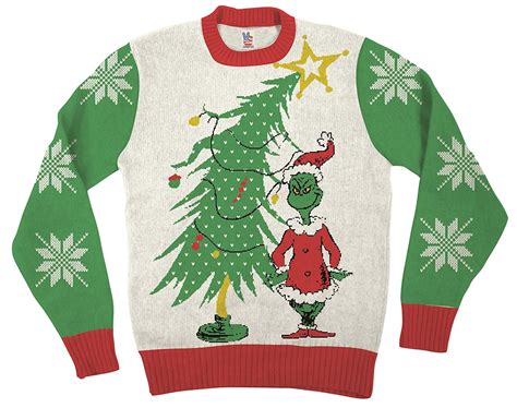 Dr Seuss Grinch As Santa Next To Tree Off White Ugly Christmas Sweater