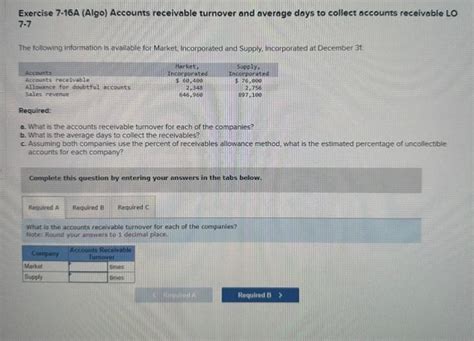 Solved Exercise 7 16A Algo Accounts Receivable Turnover Chegg