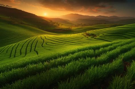 Premium Photo Green Fields At Sunset Generative Ai