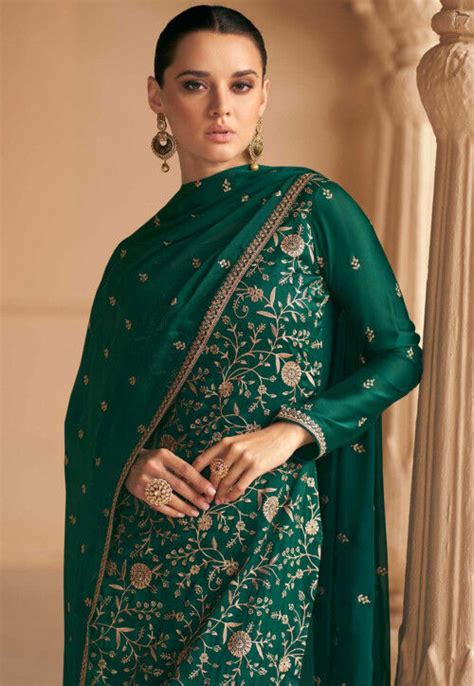 Embroidered Art Silk Pakistani Suit In Green KCH11683