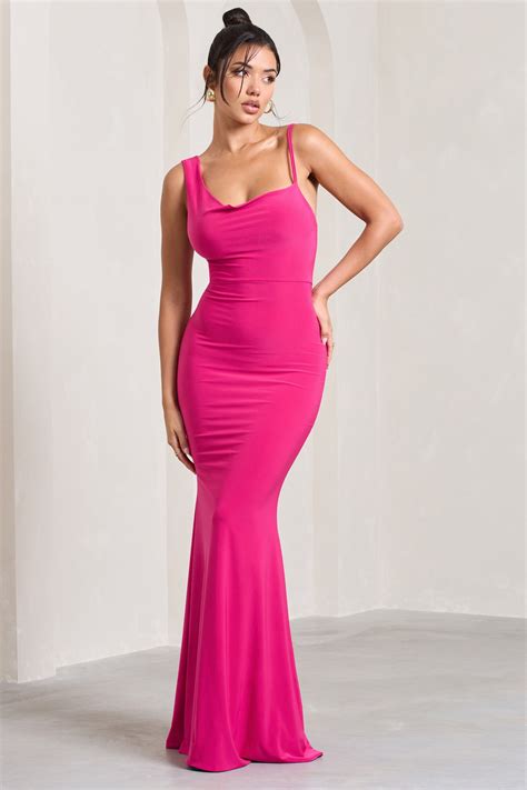 Phantasy Hot Pink Asymmetric Neckline Cowl Maxi Dress Club L London Uk