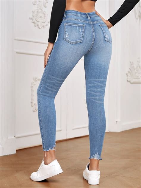 Shein Essnce High Waist Ripped Raw Hem Skinny Jeans Shein Usa