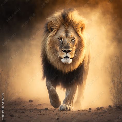 Large Male Lion Walking Towards Camera Created With Generative Ai