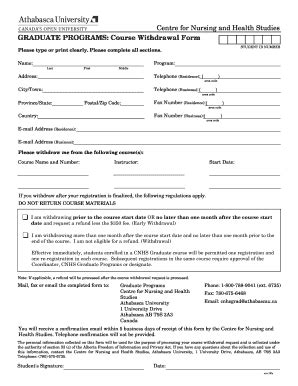 Fillable Online Fhd Athabascau GRADUATE PROGRAMS Course Withdrawal Form