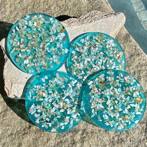 Beach Coasters With Crushed Sea Shell Ocean Resin Art Epoxy Etsy