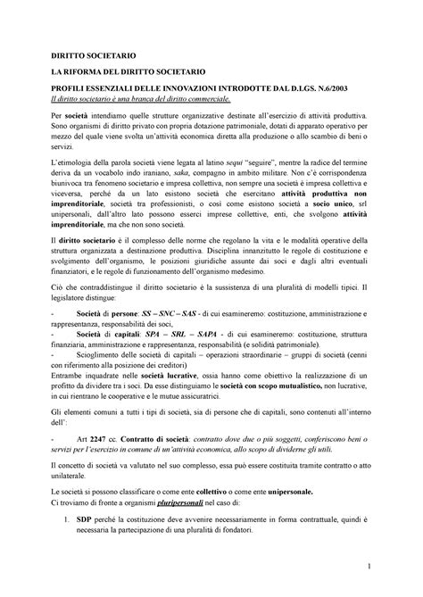 Diritto Societario Sbobinature Appunti Aggiornati DIRITTO