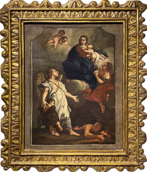 Dipinto Ad Olio Su Tela Raffigurante Madonna Con Bambino E Angeli