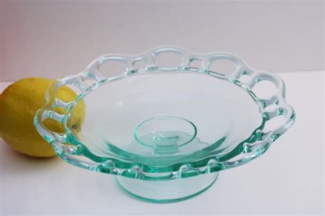 Spanish Green Glass Vintage Open Lace Edge Pedestal Bowl Or Compote