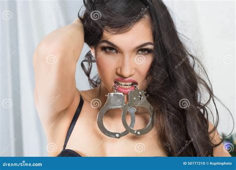 Woman In Underwear Bite Handcuffs Bdsm Sex Toy Stock Photo Image