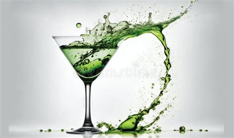 A Green Liquid Splashing Into A Martini Glass With A Green Liquid Stock