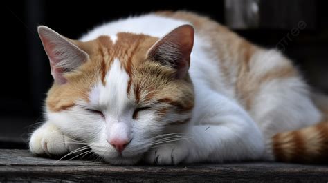 Fundo Um Gato Laranja E Branco Dormindo Em Um Objeto De Madeira Fundo