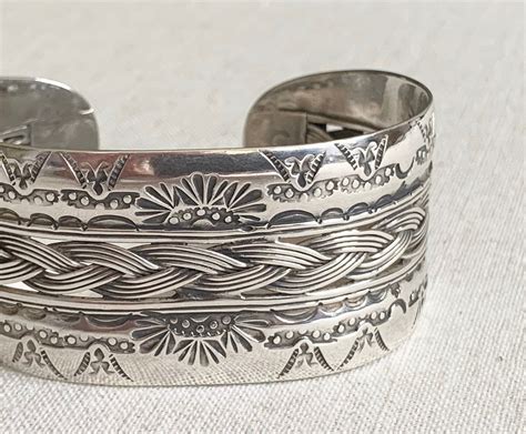 Heavily Stamped Sterling Cuff Bracelet Vintage Native American Navajo