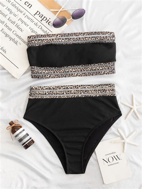 SHEIN Swim Vcay Conjunto De Bikini Con Ribete De Leopardo Top Bandeau