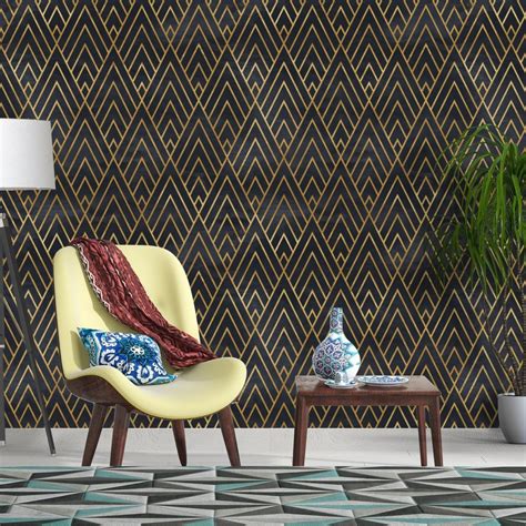 Geometric Art Deco Black Gold Wallpaper Monochrome Embossed Etsy Retsywallpaper