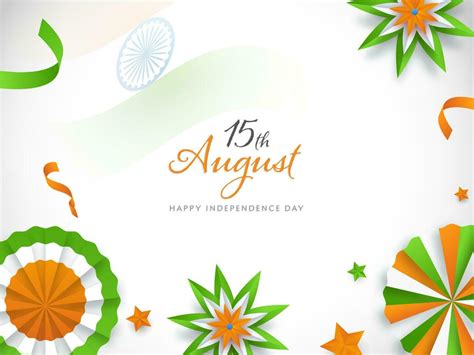 15th August Font With Indian Tricolor Paper Badge Flowers And Stars