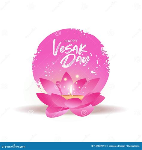 Vesak Day Card Of Pink Lotus Flower And Candle Stock Vector