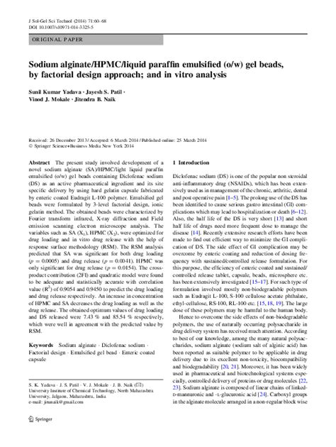 Pdf Sodium Alginatehpmcliquid Paraffin Emulsified Ow Gel Beads