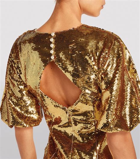 Huishan Zhang Gold Sequinned Heidi Midi Dress Harrods UK