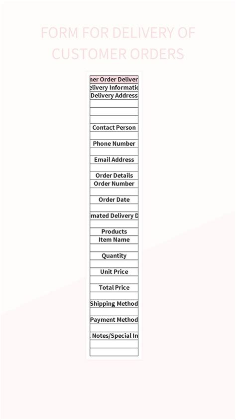 Form For Delivery Of Customer Orders Excel Template And Google Sheets