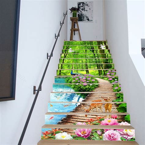 Green Grass Path Stair Stickers Tree Lined Trail Self Adhesive