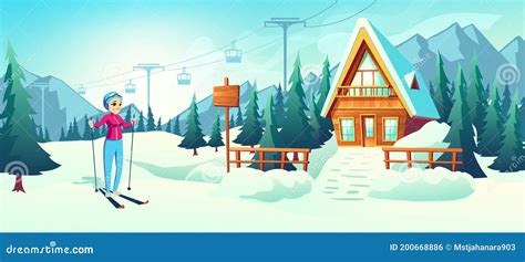 Skiing In Mountain Winter Resort Cartoon Vector Stock Vector