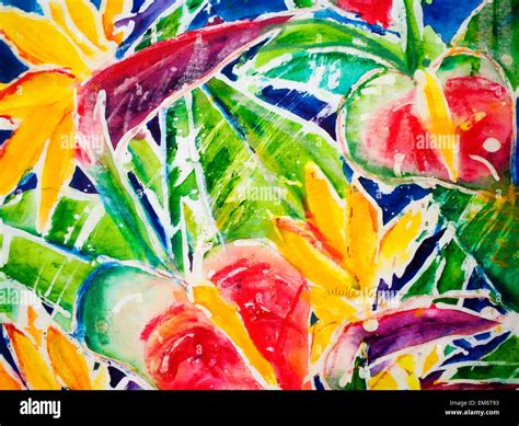 Tropics Floral Arrangement Batik On Rice Paper Acrylic And