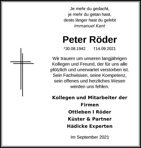 Traueranzeigen von Peter Röder trauer anzeigen de