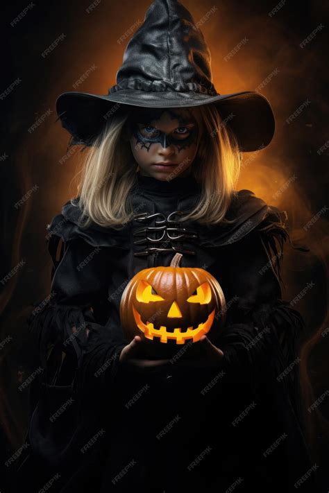 Premium AI Image | Halloween Little girl in suit of the evil sorcerer