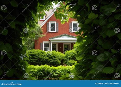 Red Brick Colonial Revival House With Gambrel Roof Seen Through