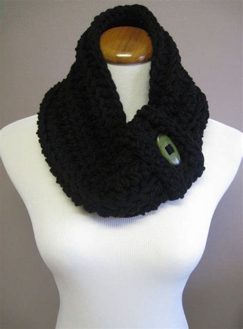 Cowl Button Neckwarmer Chunky Bulky Crochet Neckwarmer Cowl Black With