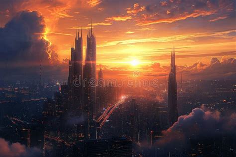 The Sun Setting Over A City With Tall Buildings Futuristic City