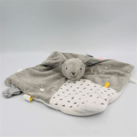 Doudou Plat Lapin Gris Blanc Ray Nuage Toile Gaby Noukie S