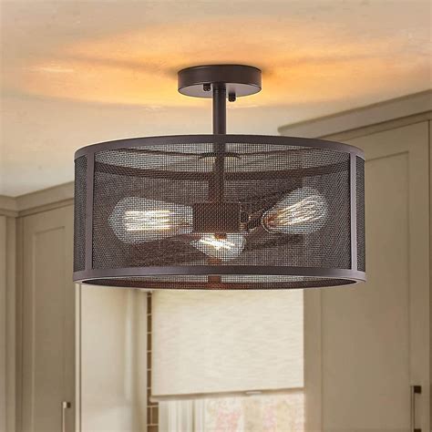 3 light drum light fixture farmhouse mesh cage rustic flush mount ceil ...