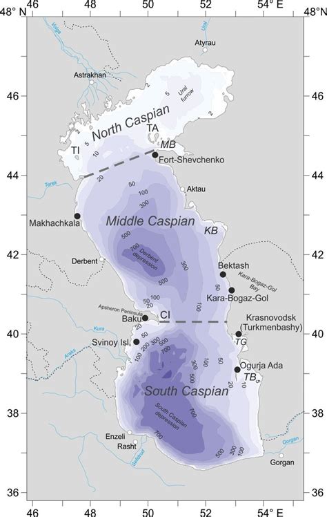 The bathymetry of the Caspian Sea. Black points are tide gauges used... | Download Scientific ...