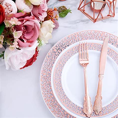 WDF 150PCS Rose Gold Plastic Plates With Disposable Plastic Silverware