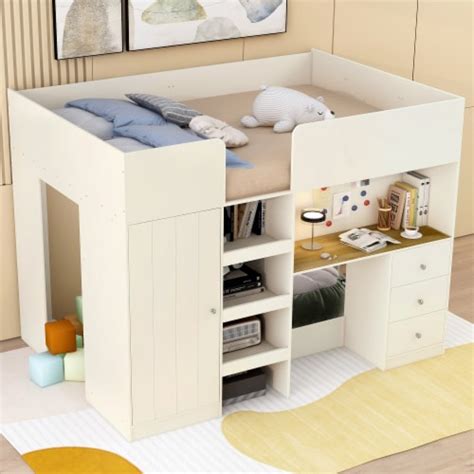 Simplie Fun Wood Full Size Loft Bed With Built In Wardrobe Desk Storage Shelves And Drawers 1