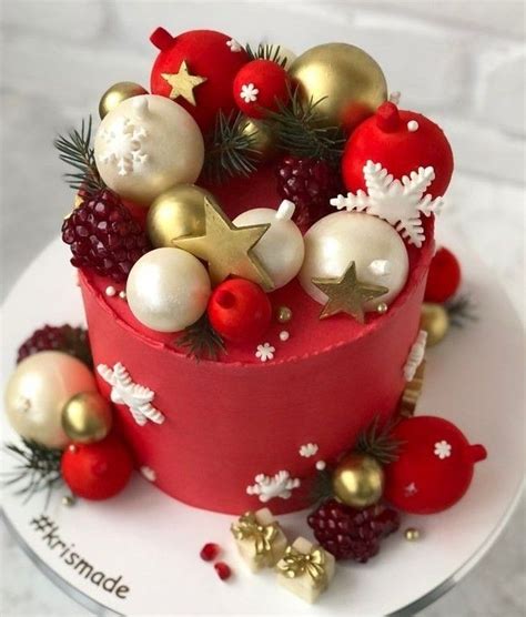 Red And Gold Christmas Cake With Ornaments