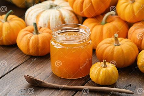 Jar Of Healthy Pumpkin Jam And Spoon Pumpkins On Kitchen Table Stock